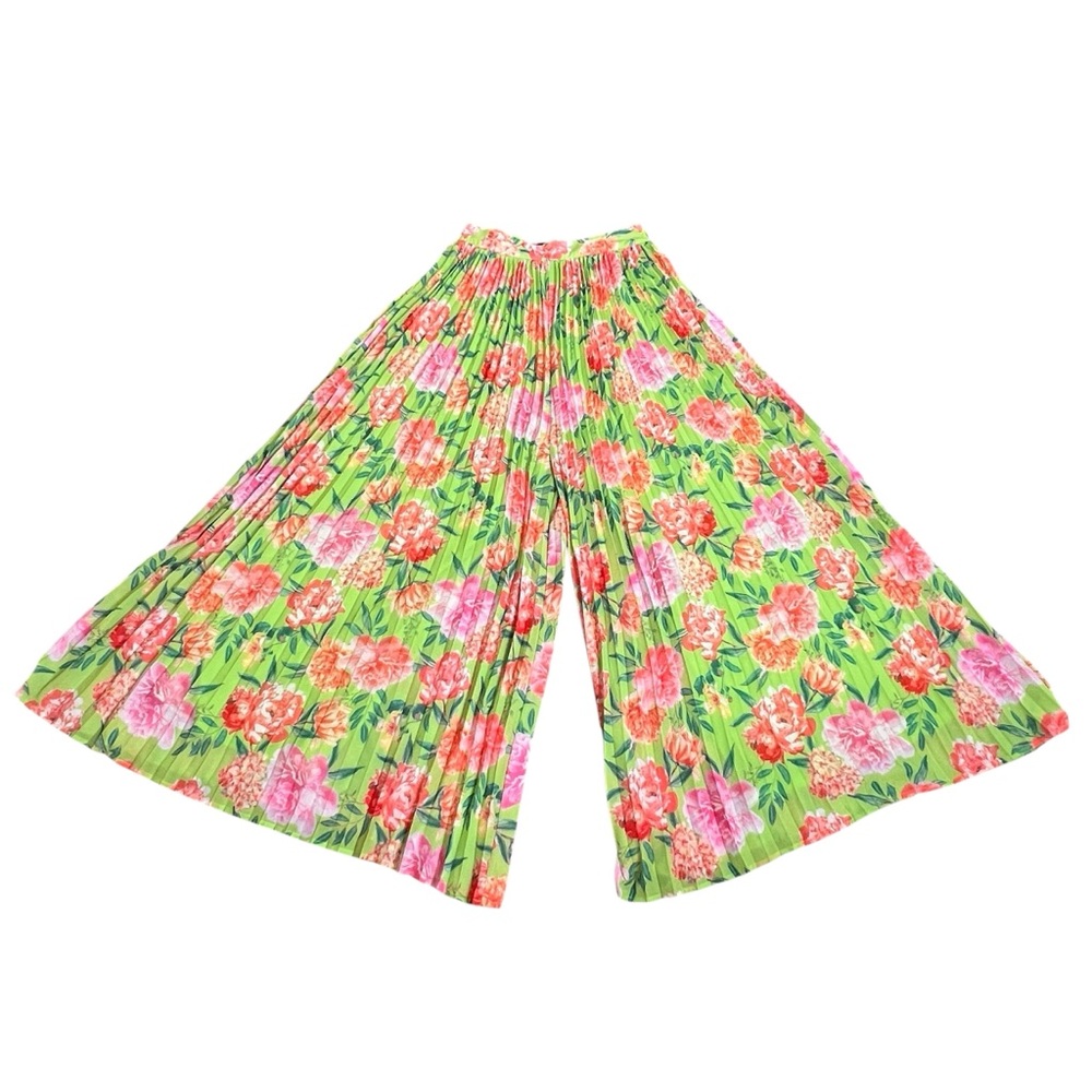fab'rik Green Pink Orange Floral Wide Leg Pleated Palazzo Pants Womens Size M